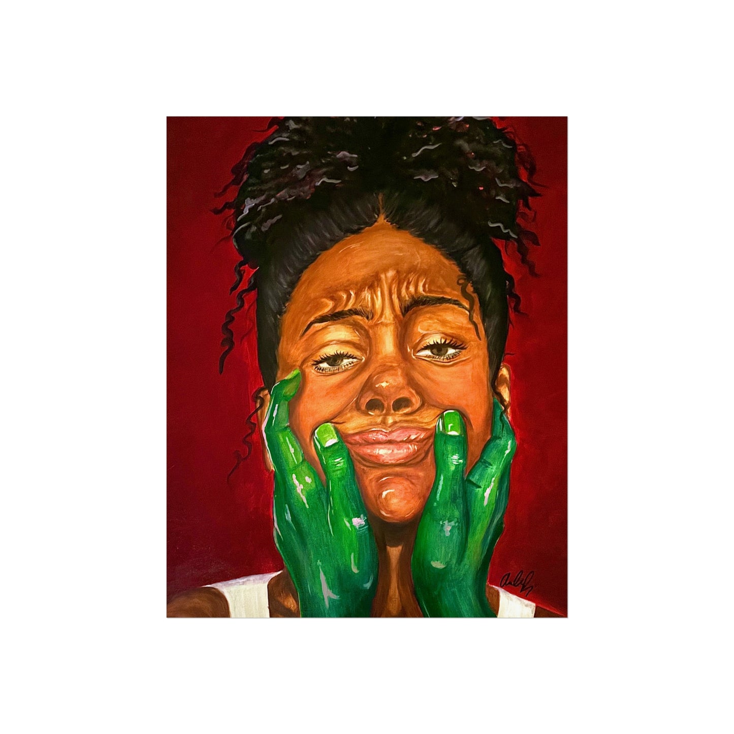 Fine Art Poster – Portrait with Green Hands, Expressive Black Woman Wall Art